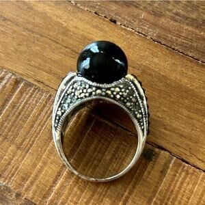 Vintage Sterling Silver Black Onyx Marcasite Dome Ring - Size 7.5, Deco Revival